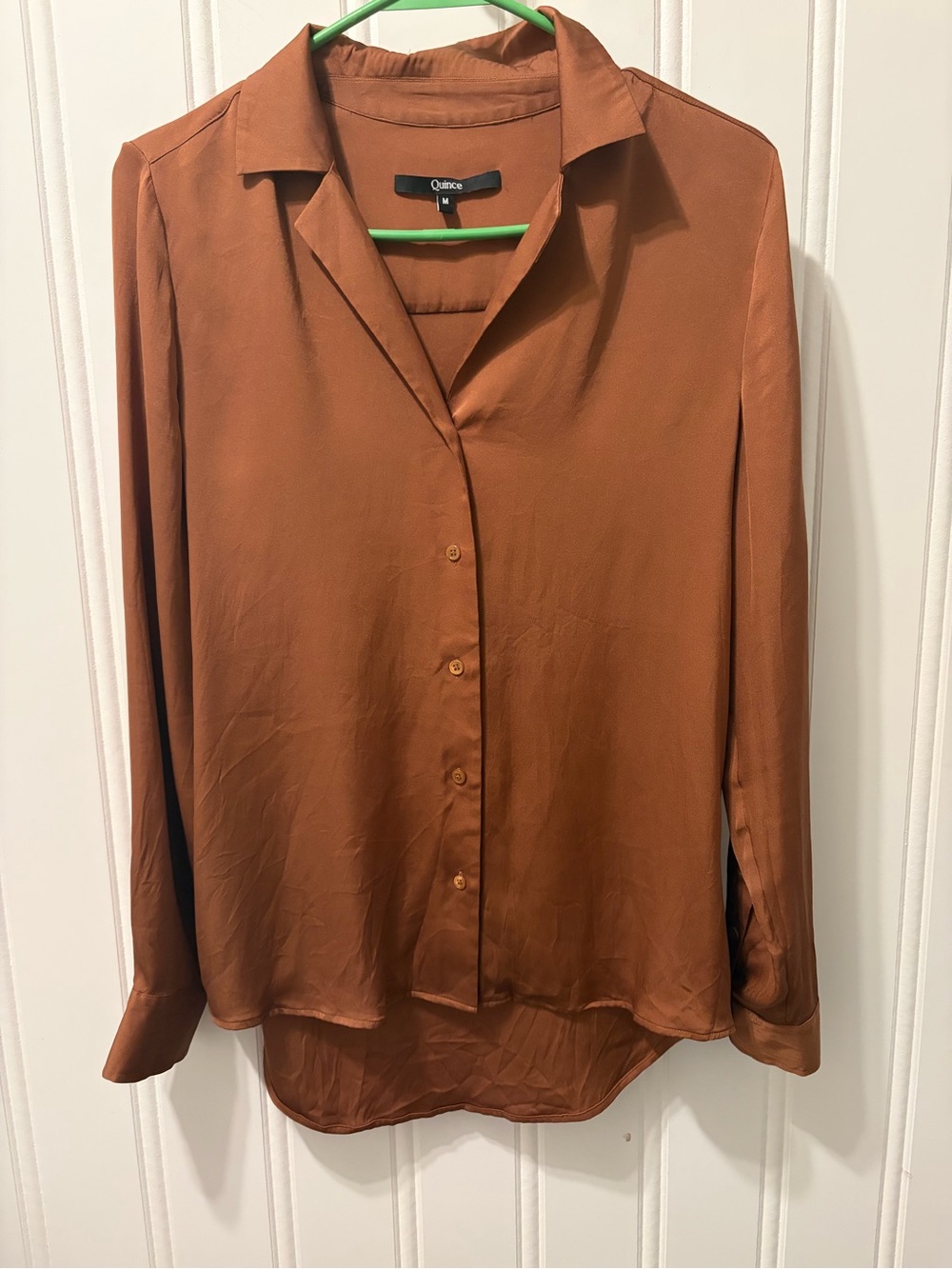Quince Womens M 90% Silk Stretch Button Down Shirt Copper Brown High Low - Picture 2 of 11